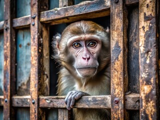 A distressed primate peers out from behind rusty bars, surrounded by worn wooden slats, in a cramped, dimly lit enclosure with peeling paint.