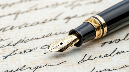 Stunningly luxurious fountain pen is elegantly resting on beautifully crafted and written manuscript