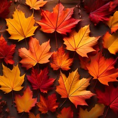 Fototapeta premium Vibrant autumn leaves in warm shades of orange, red, and yellow create a cozy and rustic seasonal background
