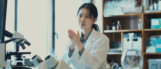 A focused scientist in a white lab coat claps hands in front of a microscope, surrounded by scientific equipment in a well-lit laboratory.