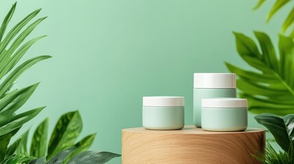 Reusable skincare containers on a wooden podium encircled by tropical plants and natural light, showcasing eco-friendly beauty essentials in a nature setting