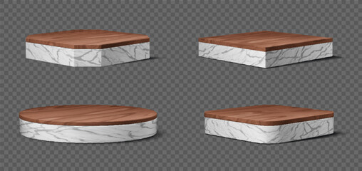 Marble podium stages with wooden platform. Isolated 3d vector geometric stone pedestals with polished wood top. Round and square museum exhibit stands, display for award ceremony, product presentation © Buch&Bee