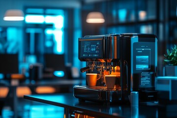 Fototapeta premium Coffee Machine in Office Space Environment with Modern Design, Professional Setting, Workspace, Equipment, Desk, Hot Drink new beautiful stock image illustration AI