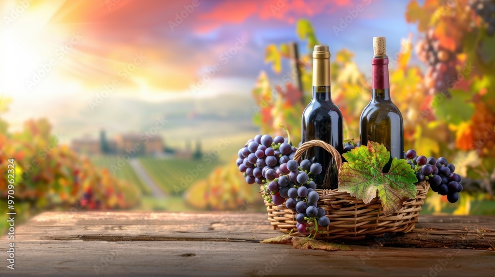 Wall mural wine glass grape with background of grape plantation winery