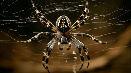 A close up shot of a tiger spider poised in the center of its elaborate web against a dimly lit background showcasing the intricate details of both the spider and its web