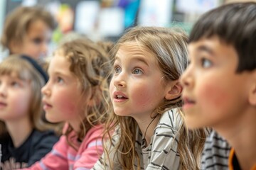 Obraz premium Children in class listen enthusiastically to the teacher