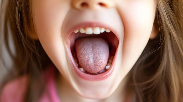 Child girl showing an uvula in a cleft palate. Closeup photo blurred.