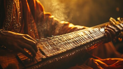Close up of a musician playing a sitar in a warm lit studio