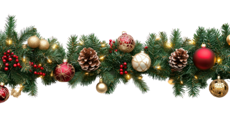 Seamless decorative christmas border with coniferous branches and garlands of christmas lights and ornaments