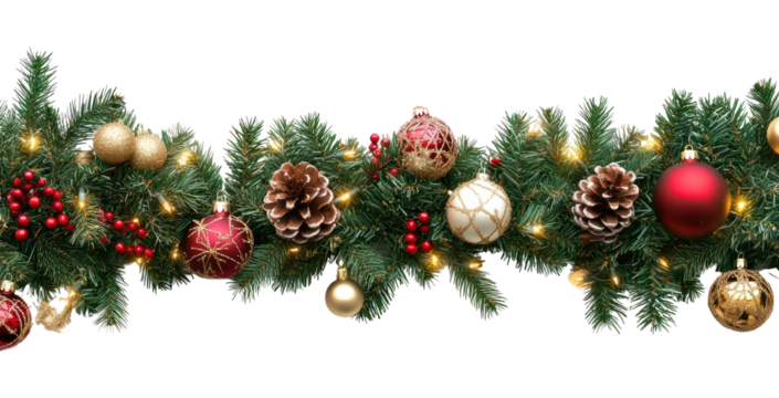 Seamless decorative christmas border with coniferous branches and garlands of christmas lights and ornaments