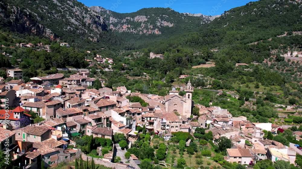 Sticker  Mallorca (Majorca) island travel and landmarks. Traditional oldmountain village Valldemossa (Valdemosa) popular tourist attraction. aerial drone 4k hd video. Spain