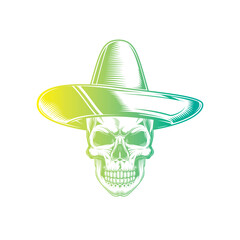 Skull in a sombrero. Dia De Los Muertos. Original vector illustration in vintage style isolated on white background. T-shirt design.