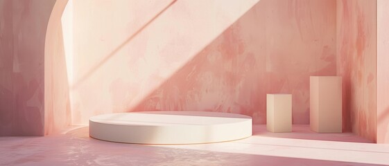 A soft pink sunlit space with minimalist podiums evokes calm and simplicity, inviting moments of reflection.