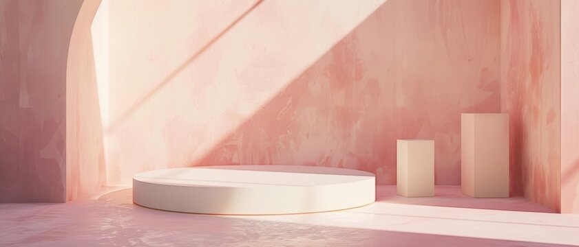 A soft pink sunlit space with minimalist podiums evokes calm and simplicity, inviting moments of reflection.
