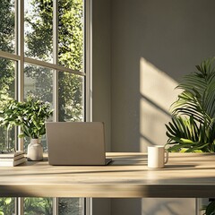 Fototapeta premium Minimalist Home Office with Natural Light and Modern Design