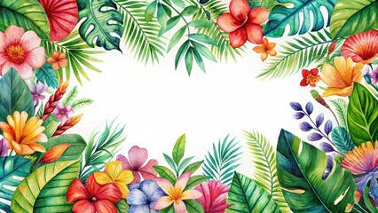 Tropical watercolor floral foliage border with vibrant colors and intricate details, tropical, watercolor, floral, foliage