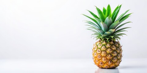 Fototapeta premium Fresh whole pineapple with green leaves on white background, tropical, fruit, juicy, organic, sweet, summer, yellow, healthy