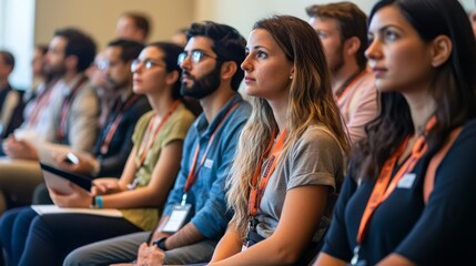 Group of attendees focused on a speaker at a tech conference. Ideal for concepts like learning networking and industry events.