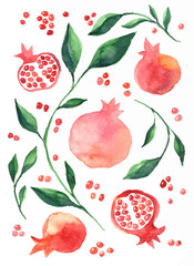 Watercolor hand drawn vector illustration with floral ornament of red juicy pomegranates (garnets) and green branches. Decorative background for israeli holidays, New Year, Rosh Hashanah. Shana tova!