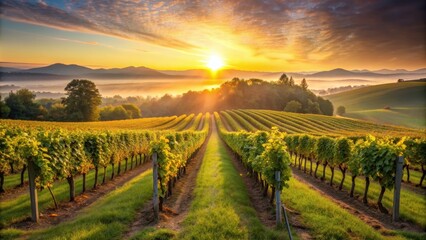 Fototapeta premium Beautiful vineyard bathed in the soft light of sunrise, vineyard, morning, sun, sunrise, dawn, grapes, winery, agriculture