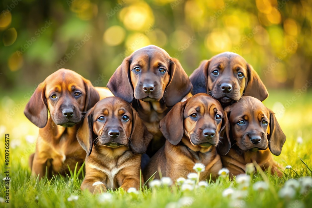 Wall mural adorable litter of bavarian mountain hound puppies playfully tumble and snuggle on a sunny meadow, t