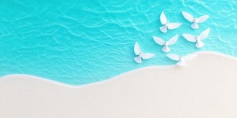 Obraz premium Beautiful tropical white sand beach with foam waves and a transparent sea, seen from above.