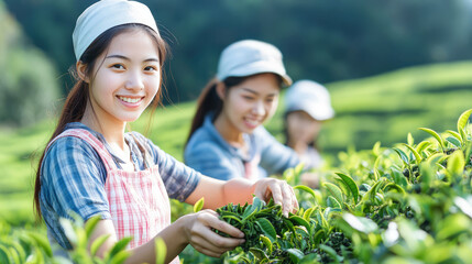 Fototapeta premium Happy Chinese young women picking fresh tea leaves at tea plantation