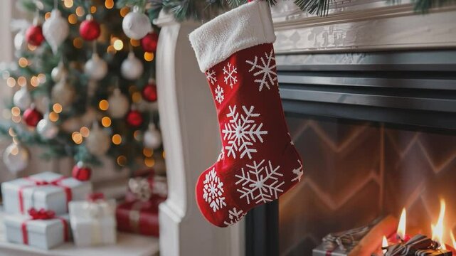 A cozy Christmas scene featuring a red stocking adorned with white snowflakes hanging by the fireplace. 