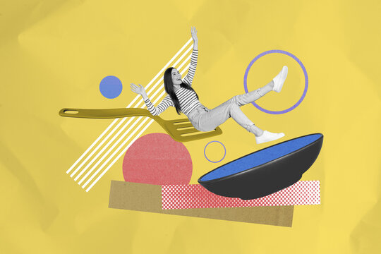 Creative abstract template graphics collage image of utensil putting mini lady big plate isolated colorful background