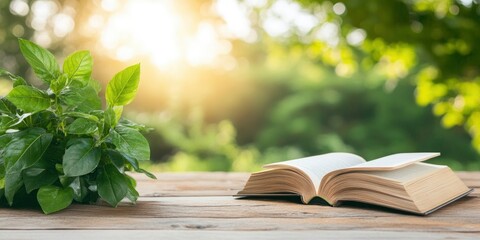 A book open at nightfall on a wooden table against a serene backdrop of spring.
