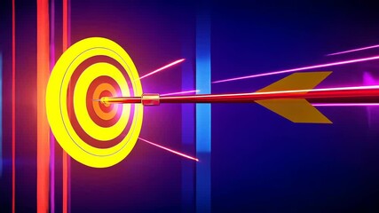 A neon-colored arrow hits the center of a bullseye, creating vibrant light trails. The scene is filled with dynamic, radiant neon lights in a futuristic setting. The mood is energetic and intense. - Powered by Adobe