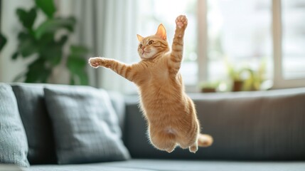 Naklejka na ściany i meble A cute orange domestic cat jumps and plays in the living room and runs on the sofa high in the air - A red domestic cat plays at home