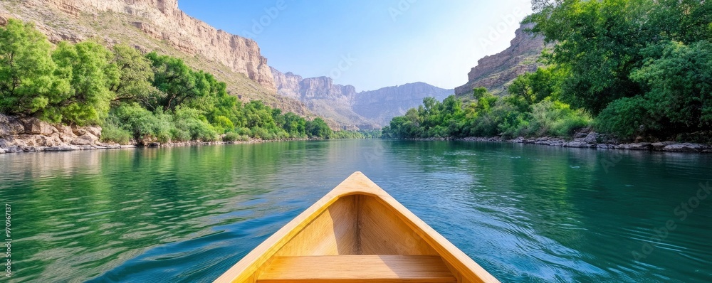 Wall mural lake with green plant and rock on background