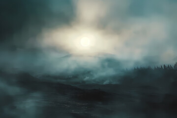 Fototapeta premium A serene and mystical landscape with soft fog enveloping rolling hills under a glowing sun, creating an ethereal ambiance.