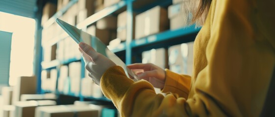 Person using a tablet in a warehouse with shelves full of boxes, emphasizing digital inventory management in a modern logistics setting.