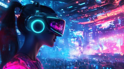 Woman with VR Headset Experiencing Virtual Reality Concert