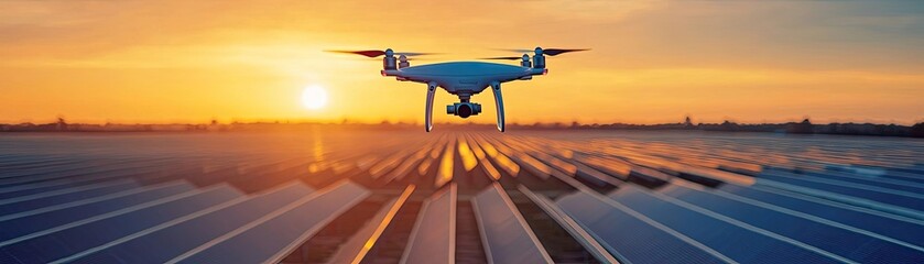 A drone flying over a vast solar farm, capturing data and monitoring energy production from the panels