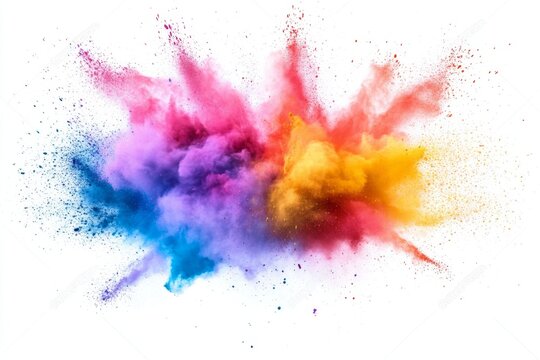 A stunning explosion of bright, colorful powder captured in mid-air, showcasing a diverse blend of hues including pink, purple, blue, yellow, and orange in a captivating abstract art style.