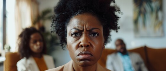 Fototapeta premium Woman with an intense and serious expression, flanked by two colleagues in a loft-style office space.