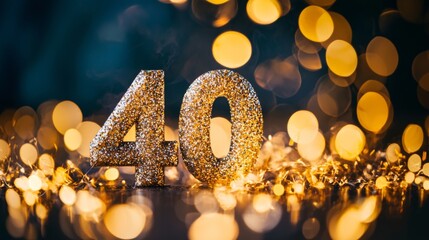 Sparkling number 40 glitter ornament set against a shimmering bokeh light background, celebrating a milestone or anniversary with festive and elegant presentation.