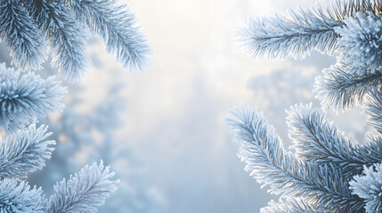 Close-up of snow-covered pine branches with frosty blue light and sparkling bokeh, evoking a dreamy and tranquil winter atmosphere