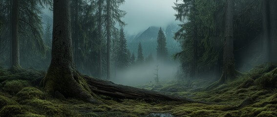 Dark forest landscape in the morning with a cloudy sky and fog over the trees in the background. Nature concept. View of a natural mountain forest landscape.