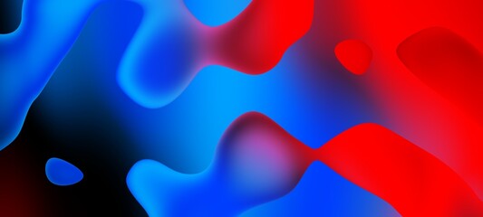 Abstract blue and red liquid wavy shapes futuristic banner. Glowing retro waves wide background