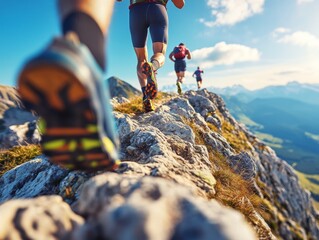 Dynamic image depicting trail runners in athletic gear traversing a rugged mountain ridge, capturing the essence of endurance sports amidst stunning natural landscapes.