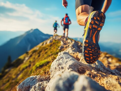 Three trail runners progress on a rocky mountain trail at sunrise, capturing a sense of adventure, fitness, and the beauty of nature against a backdrop of mountain peaks.