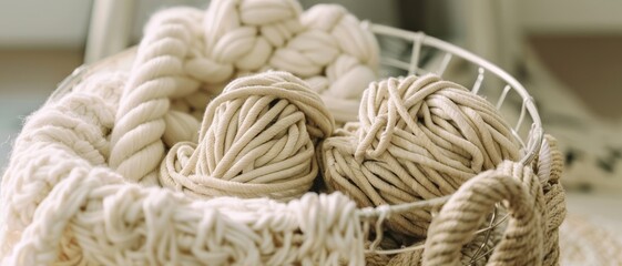 A wire basket filled with neatly arranged yarn balls and ropes, showcasing a tidy and organized crafting space bathed in soft light.