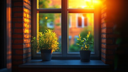 Sunset View Through a Window with Plants