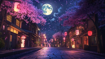 A beautiful Japanese town at full moon at night. Anime comic artstyle. Cozy lofi asian architecture. Lonely road with a blooming cherry tree.	
