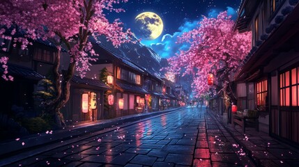Obraz premium A beautiful Japanese town at full moon at night. Anime comic artstyle. Cozy lofi asian architecture. Lonely road with a blooming cherry tree. 