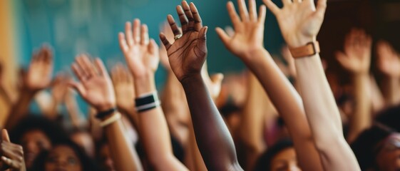 A variety of raised hands collectively reaching upwards, depicting unity and participation within a jubilant indoor event.